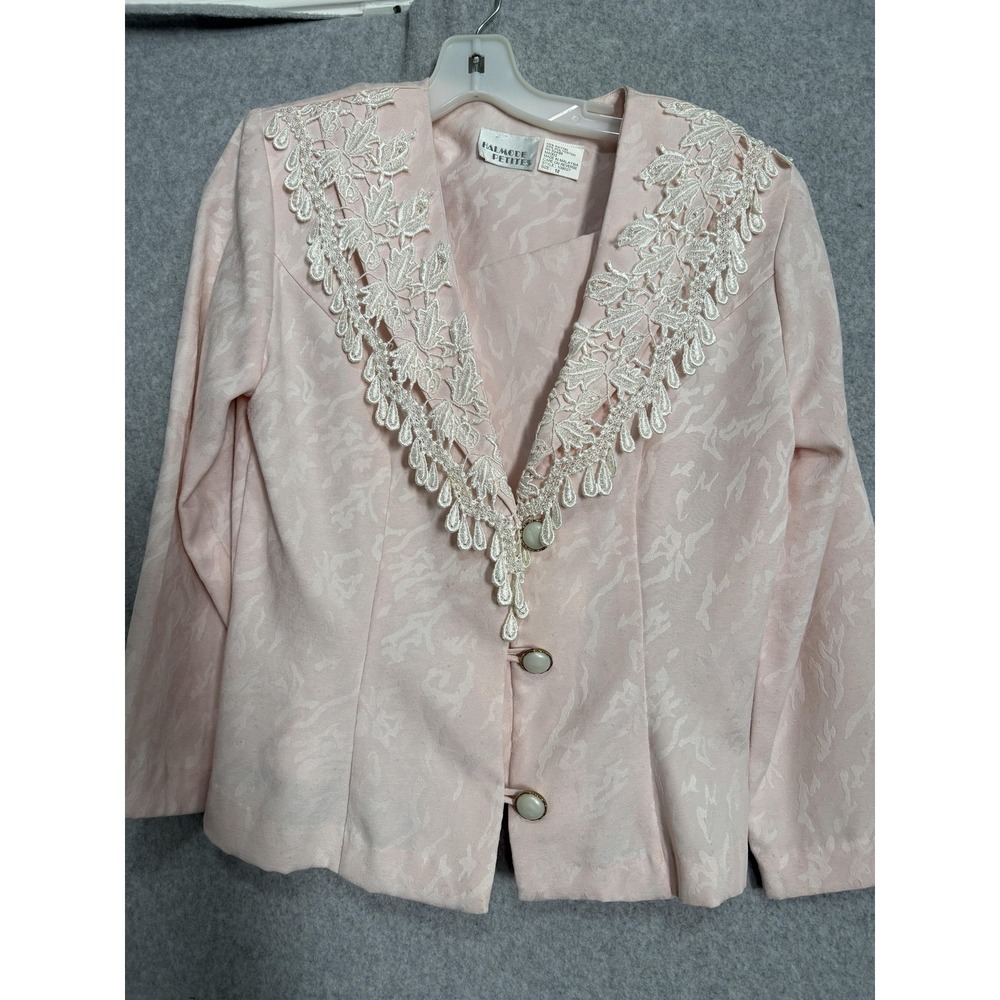 Vintage Halmode Petites Skirt Suit Womens 12 Pink Lace Trim Jacquard 2 Pc Formal